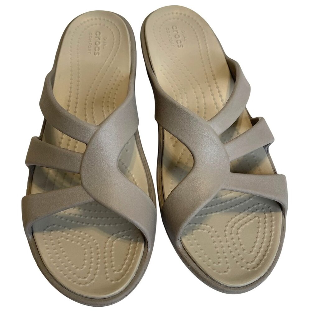 Crocs Sandal Wedge Strap Slides Slip on Water Shoes Flip Flop Size 10 Khaki Tan - Picture 2 of 8